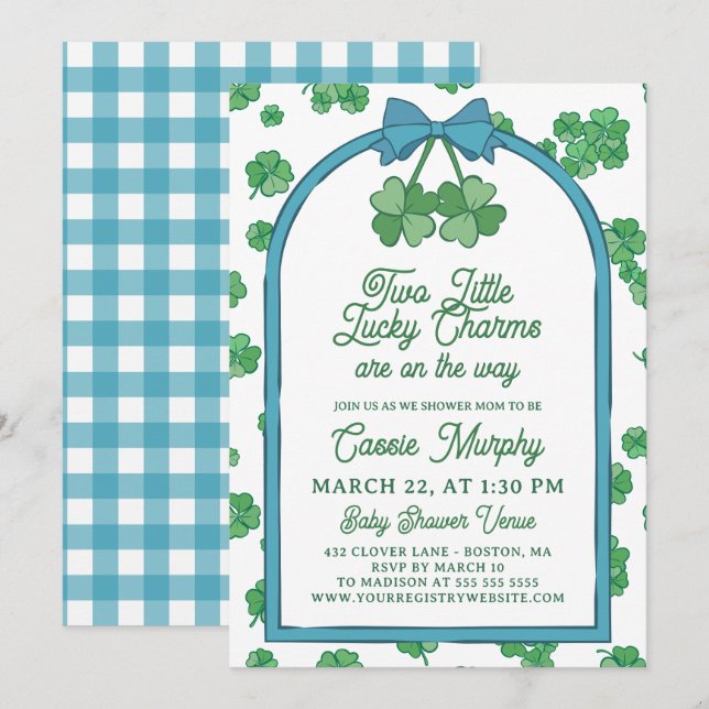 Two Lucky Charms Clovers Boy Twins Baby Shower Inbjudningar (Fram/baksida)