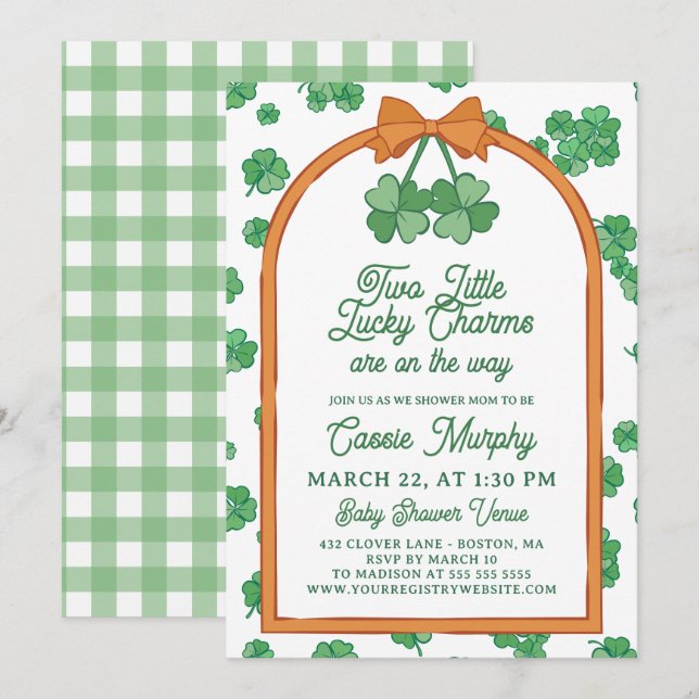 Two Lucky Charms Clovers Neutral Twin Baby Shower Inbjudningar (Fram/baksida)