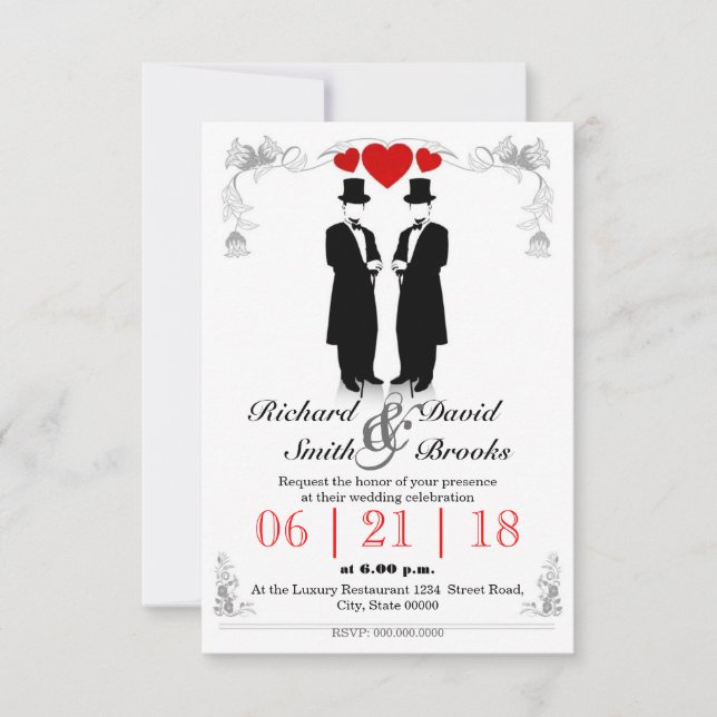 Two men in tuxedo with hats - Gay wedding Inbjudningar (Framsida)