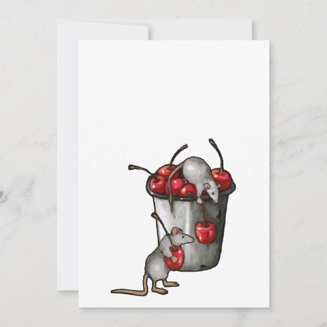 Two MICE Stealing Cherries, Bucket of Cherries Art Inbjudningar (Framsida)