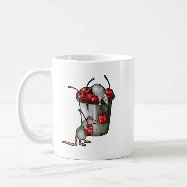 Two MICE Stealing Cherries, Bucket of Cherries Art Kaffemugg (Vänster)