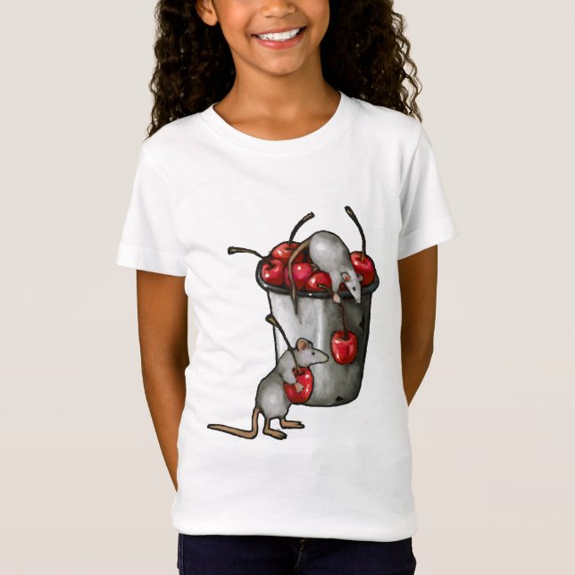 Two MICE Stealing Cherries, Bucket of Cherries Art T Shirt (Framsida)