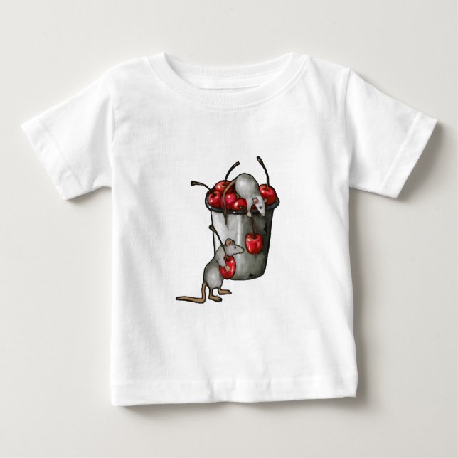 Two MICE Stealing Cherries, Bucket of Cherries Art T Shirt (Framsida)