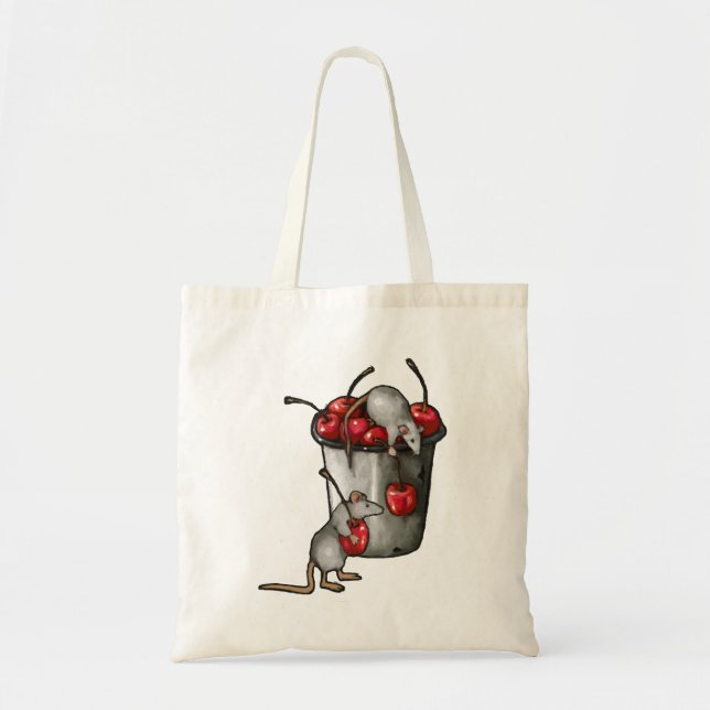Two MICE Stealing Cherries, Bucket of Cherries Art Tygkasse (Framsidan)