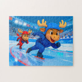 Two Moose Speed Skating on an Icy Track Pussel