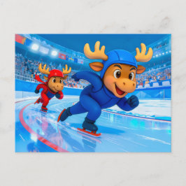 Two Moose Speed Skating on an Icy Track Vykort
