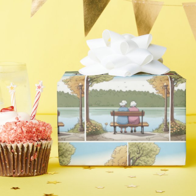 Two Old Ladies Sitting on a Bench Presentpapper (Födelsedagsfest)