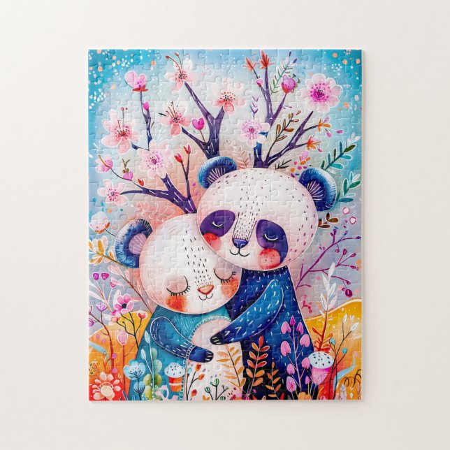 Two Pandas Hugging in Bamboo Forest Pussel (Vertikal)