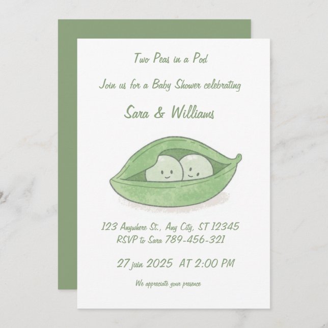 Two Peas In a Pod Twin Baby Shower Invitation Inbjudningar (Fram/baksida)