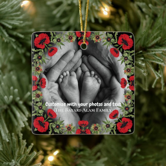 Two Photo Custom Text Red Poppies Free Palestine Julgransprydnad Keramik (Träd)