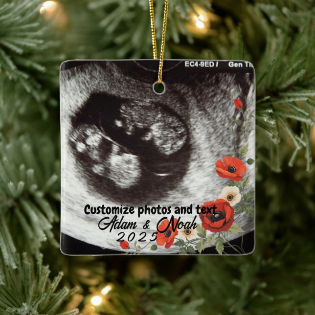 Two Photo Custom Text Red Poppies Free Palestine Julgransprydnad Keramik (Träd)