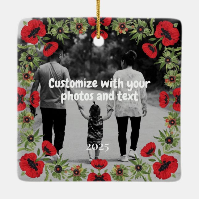 Two Photo Custom Text Red Poppies Free Palestine Julgransprydnad Keramik (Baksida)