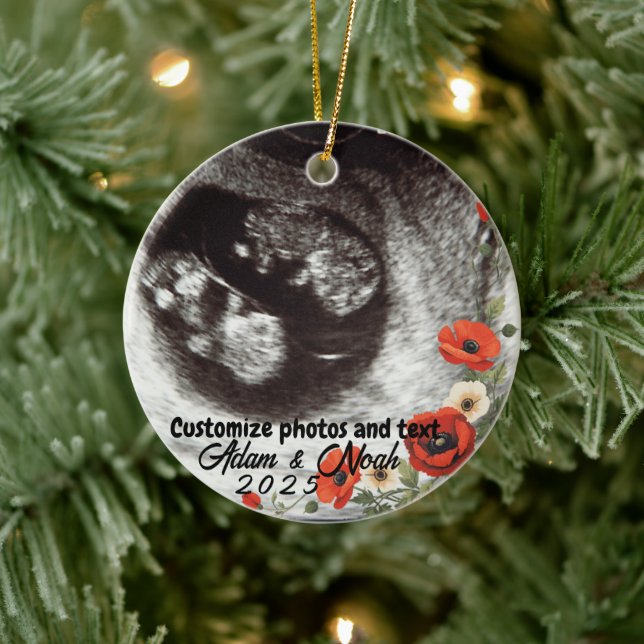 Two Photo Custom Text Red Poppies Free Palestine Julgransprydnad Keramik (Träd)