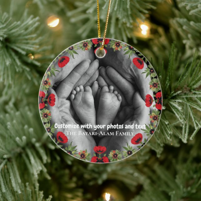 Two Photo Custom Text Red Poppies Free Palestine Julgransprydnad Keramik (Träd)