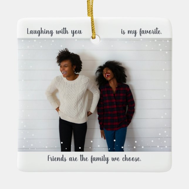 Two Photo Cute Script Best Friend Snowfall Holiday Julgransprydnad Keramik (Framsida)
