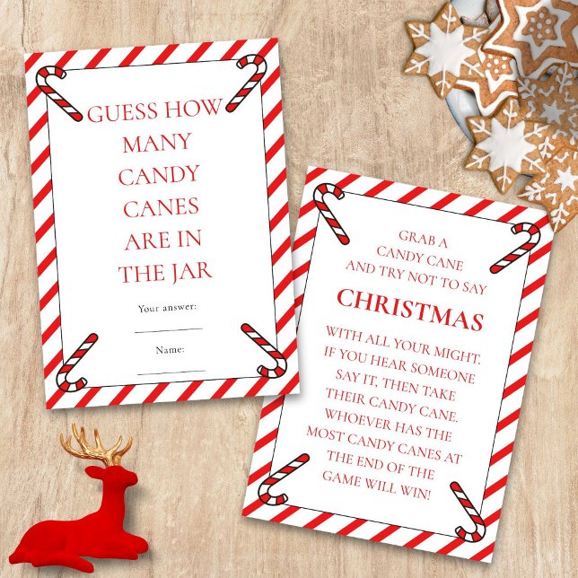 Two Printable Candy Cane Theme Christmas Game Card Inbjudningar (Front and back view)