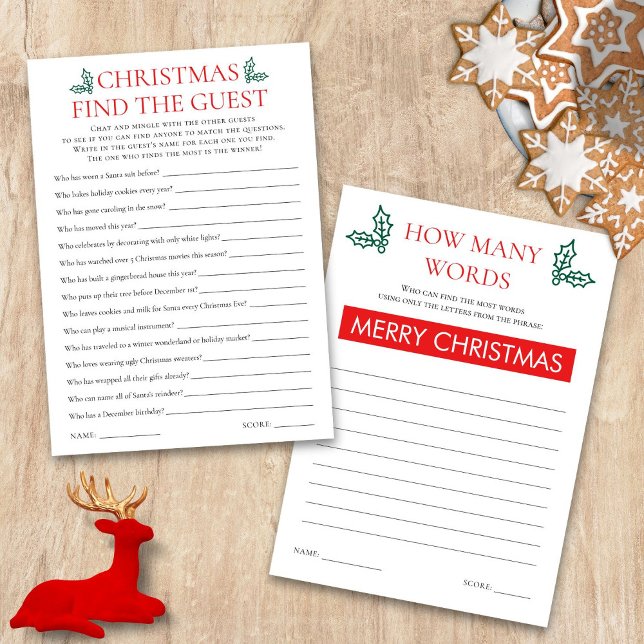 Two Printable Christmas Games Card Inbjudningar (Front and back view)