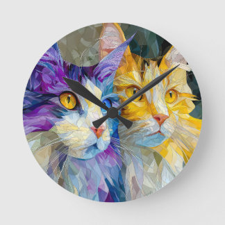 Two Purple and Yellow Cats Rund Klocka