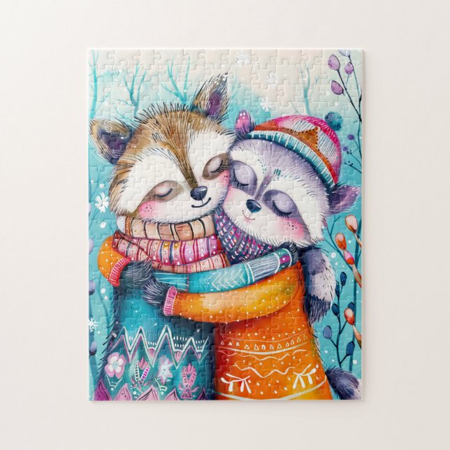 Two Raccoons Hugging in Winter Pussel (Vertikal)
