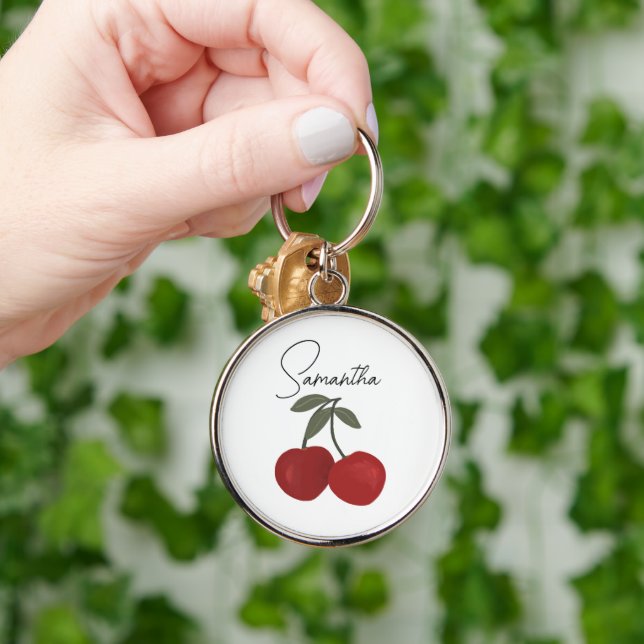 Two Red Cherries Illustration | Cute Fruit Art  Rund Silverfärgad Nyckelring (Hand)
