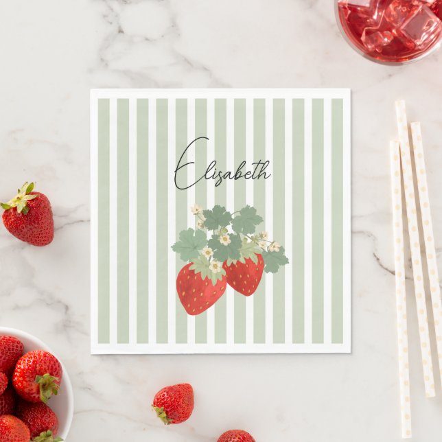 Two Red Strawberries Stripes & Flowers | Fruit Pappersservett (Insitu)