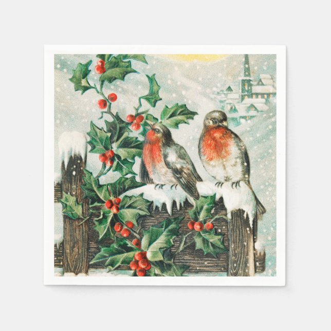 Two robins on a fence in the snow pappersservett (Framsidan)