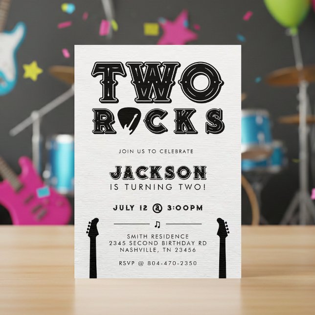 Two Rocks Gitarrplektrum 2-års födelsedagsfest Inbjudningar (Two Rocks Guitar Pick 2nd Birthday Party Invitation
)