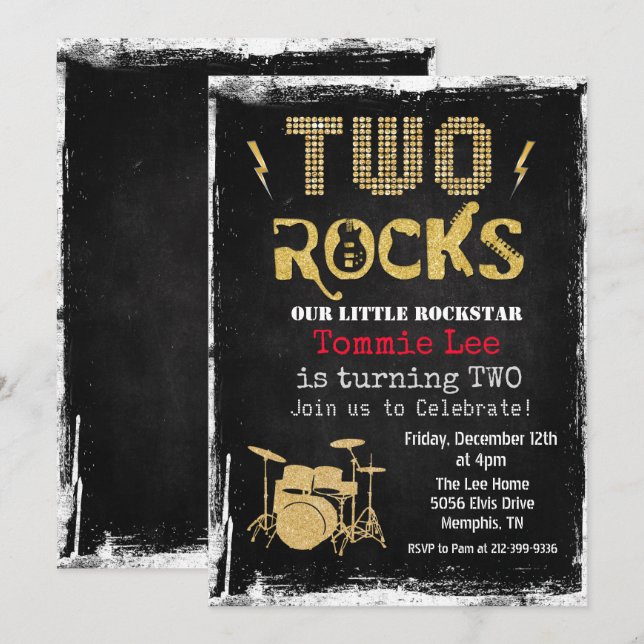 Two Rocks Rockstar Trumset 2-års födelsedagsinbjud Inbjudningar (Fram/baksida)