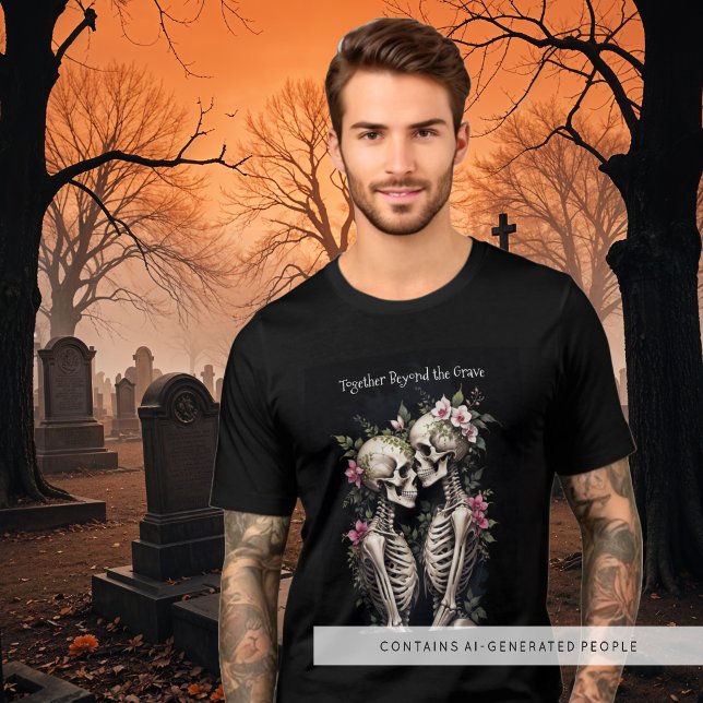 Two Romantic Gothic Human Skeletons Embracing T Shirt (Romantic Gothic Human Skeletons Embracing Surrounded By Lush Floral Arrangements Tri-Blend Shirt.)