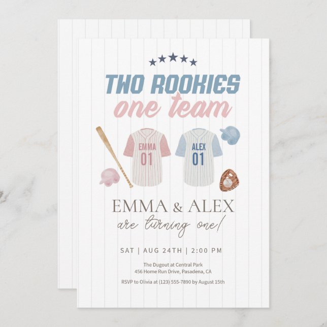 Two Rookies One Team Baseball Sibling Birthday Inbjudningar (Fram/baksida)