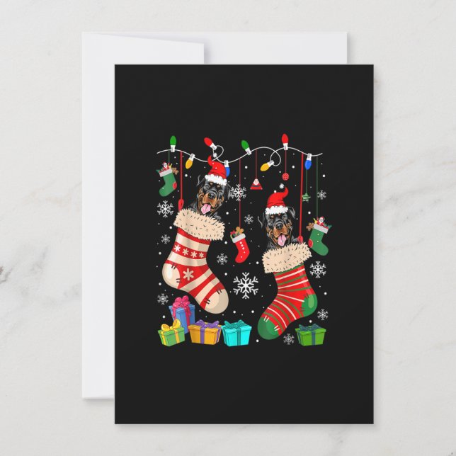 Two Santa Rottweiler Dogs In Christmas Socks Dog L Inbjudningar (Framsida)