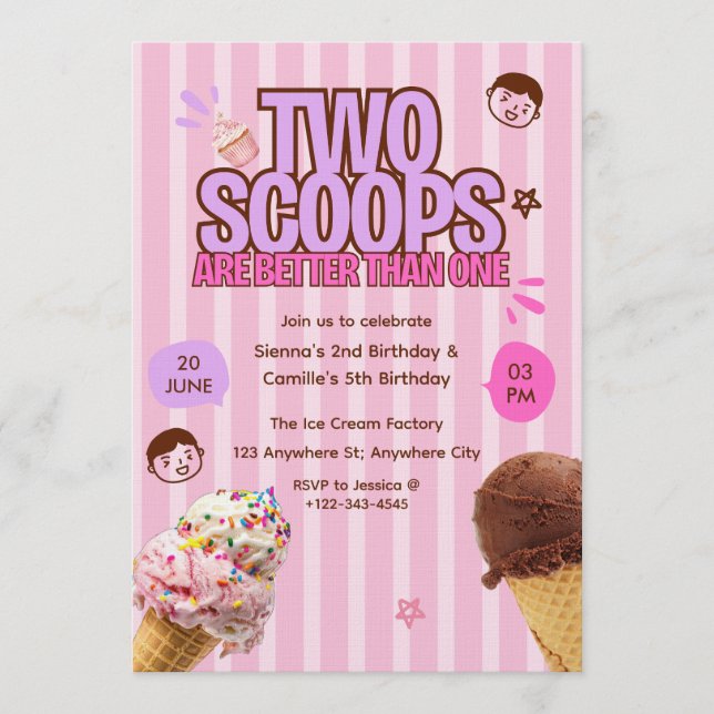 Two Scoops are Better Than One Ice Cream Birthday  Inbjudningar (Framsida)