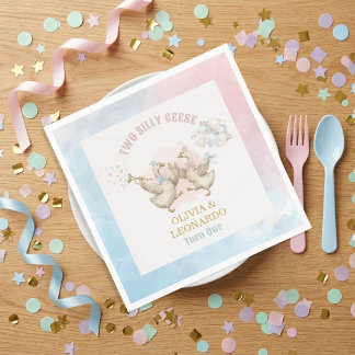 Two Silly Geese Boy & Girl Twins Birthday Pappersservett