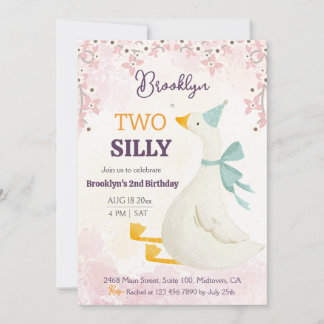 Two silly goose 2nd birthday cute floral pink inbjudningar