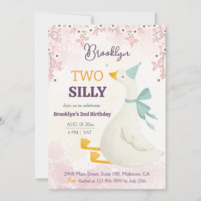 Two silly goose 2nd birthday cute floral pink inbjudningar (Framsida)