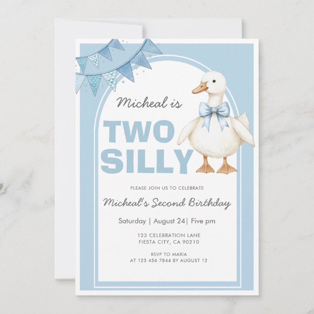Two Silly Goose Blue Boy Second Birthday Inbjudningar (Framsida)