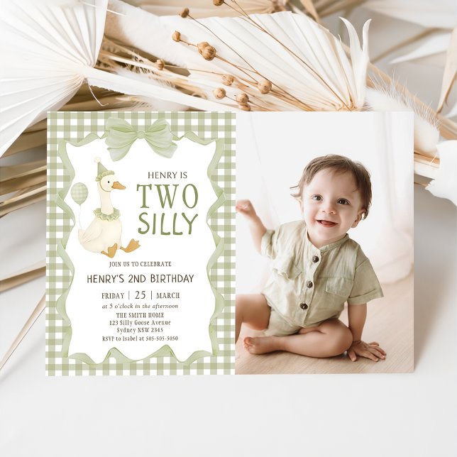 Two Silly Goose Gingham 2nd Birthday Invitation Inbjudningar (Skapare uppladdad)