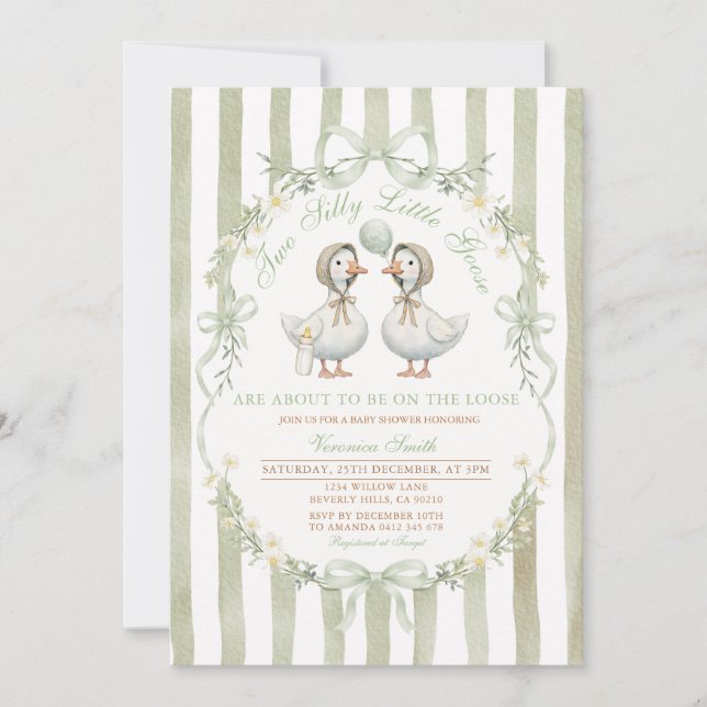 Two Silly Little Geese Baby Shower Twin Neutral Inbjudningar (Framsida)