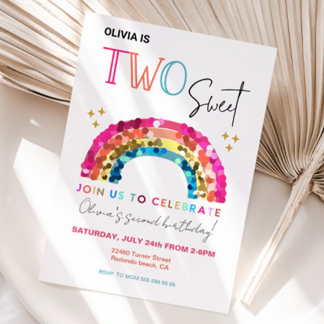 TWO Söt, sparsam regnbåge, andra födelsedag Inbjudningar (Two Sweet, 2nd birthday invitation, sequin colorful rainbow invite)