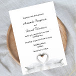 Two swans in love white wedding invitation card inbjudningar<br><div class="desc">A simple and elegant wedding invitation with love as the theme.  Two beautiful swans bending their heads toghether and forming a heart shape. White background. Templates for names and wedding details. Black letters. 
Back:  A white background and a faux gold heart banner with your initials,  monogram.  Golden letters.</div>