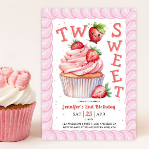 TWO Sweet 2nd Birthday Rosa Girl Strawberry Inbjudningar
