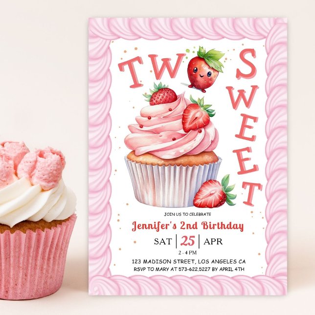 TWO Sweet 2nd Birthday Rosa Girl Strawberry Inbjudningar (Skapare uppladdad)