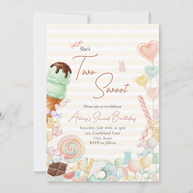 Two Sweet Birthday Invite Yellow Stripe Inbjudningar (Framsida)