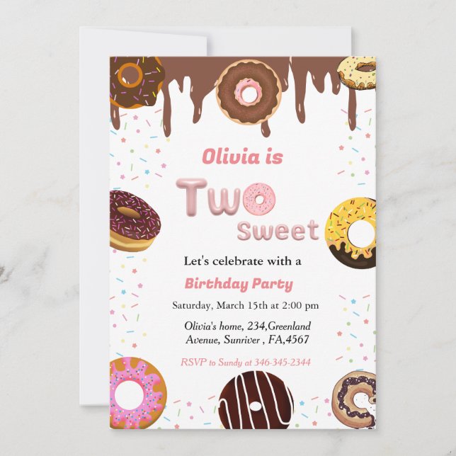 Two sweet birthday party invite, donut theme party inbjudningar (Framsida)