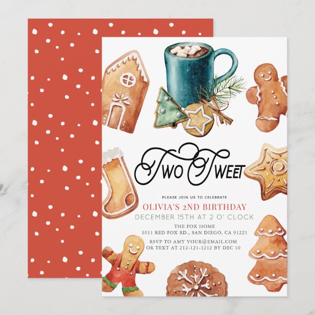 Two Sweet Christmas Cookies & Cocoa 2nd Birthday Inbjudningar (Fram/baksida)