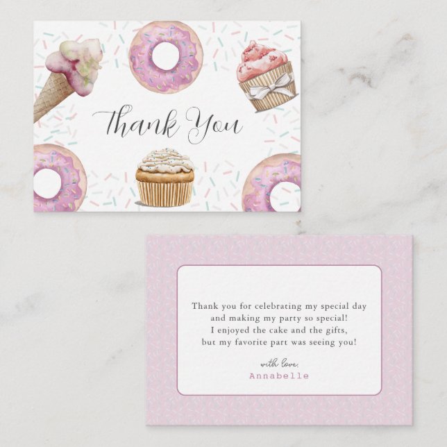 Two Sweet Cupcake & Donuts 2nd Birthday Thank You Anteckningskort (Fram/baksida)