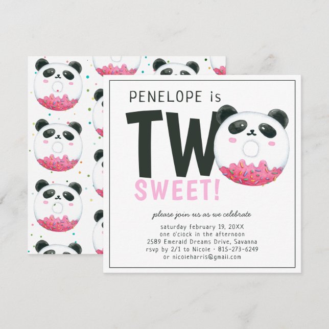 Two Sweet | Panda Donut 2-års inbjudan (Fram/baksida)