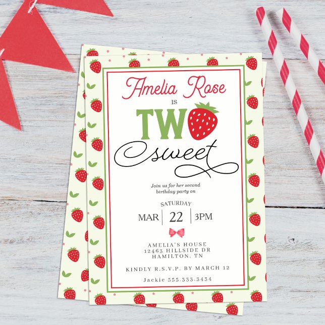 Two Sweet Strawberry 2nd Birthday Party Inbjudningar (Two Sweet Strawberry 2nd Birthday Party Invitation)