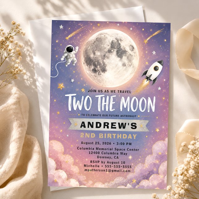 Two The Moon 2-års födelsedagsinbjudan Lila Guld Inbjudningar (Skapare uppladdad)