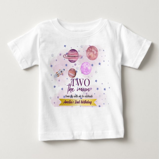 Two The Moon 2nd Birthday Girl Moon Stars Rocket  T Shirt (Framsida)